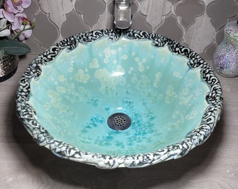 READY TO SHIP Vessel Sink Art Nouveau Floral Rim Handmade Ceramic Art Basin Mint Blue Crystalline Glaze 15 1/2"