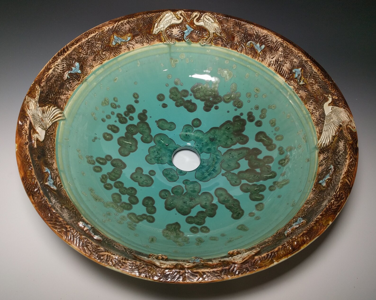 Heron Art Vessel Sink With Fish Border Custom Handmade Ceramic Etsy