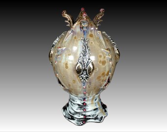 One of a Kind Handmade Crystalline Glazed Gold Brown Purple Red Black Mantis Head Inspired Ceramicgoddess Art Pottery Vase