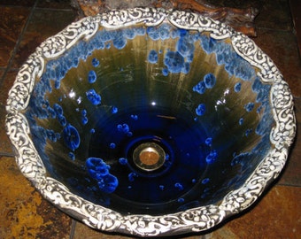 Vessel Sink Art Nouveau Floral Rim Handmade Custom Ceramic Art Basin Crystalline Glaze MADE TO ORDER