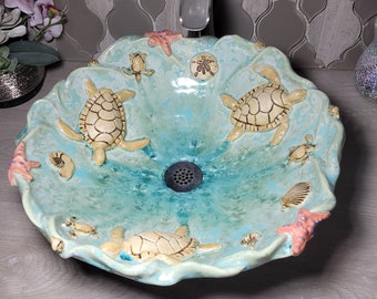 READY TO SHIP Sea Turtle Vessel Sink with Shells Starfish Ocean Waves in Turquoise Crystalline Glazed Handmade Ceramic Pottery Basin 16"