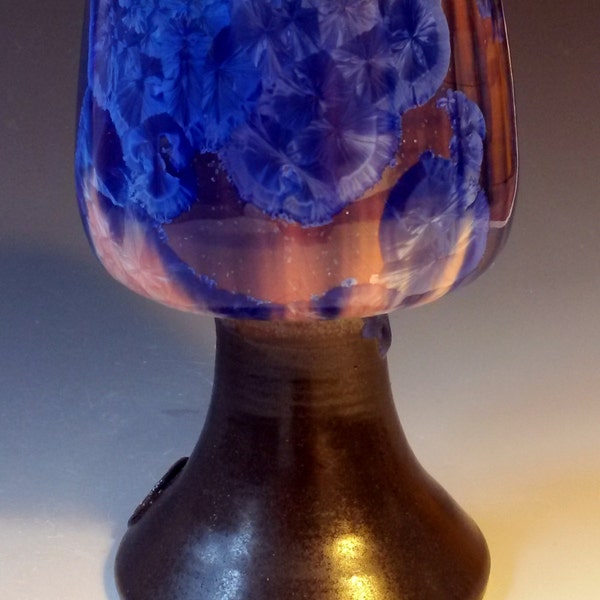 Deep Blue Black Gold Over Light Pink Crystalline and Black Glazed Chalice Stemware Wineglass