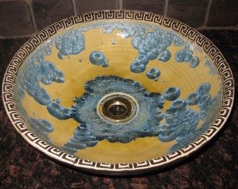 Vessel Sink Greek Key Border Custom Handmade Ceramic Art Basin Crystalline Glaze MADE TO ORDER