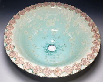 Vessel Sink with Light Brown Moroccan Floral Design Border Mint Crystalline Glazed 14 1/4" Handmade Porceline Ready to Ship