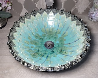 READY TO SHIP Vessel Sink Paisley Flower Boader Turquoise to Green Handmade Ceramic Art Basin 15" in Diameter 5 1/2" Deep