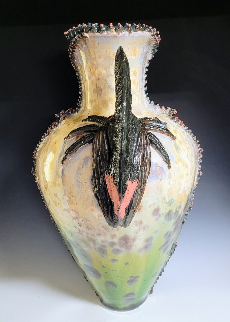 Membracis Shinx Handmade Crystalline Glazed Yellow Red Green Tan Brown Insect Treehopper Inspired Ceramicgoddess Art Pottery Vase 21 Tall image 9