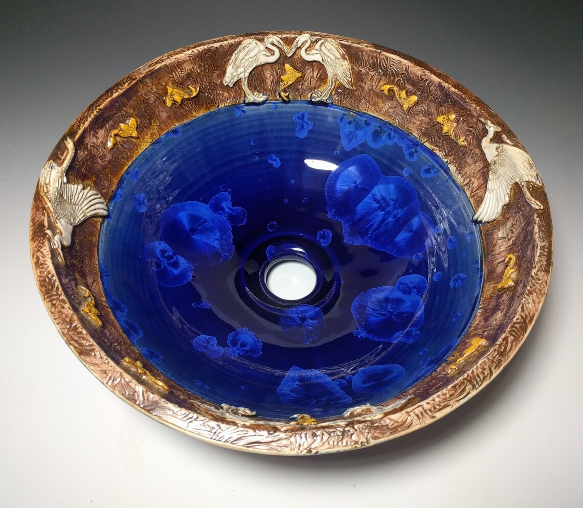 Heron Art Vessel Sink With Fish Border Custom Handmade Ceramic Etsy
