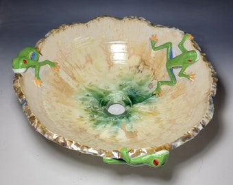 Ready to Ship Red Eyed Tree Frog Sculptural Handmade Vessel Sink in Cream Rust Pink Green Crystalline Glazed 15" Diameter 5 1/2" Deep