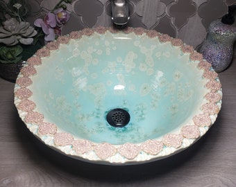 Vessel Sink with Light Brown Moroccan Floral Design Border Mint Crystalline Glazed 14 1/4" Handmade Porceline Ready to Ship