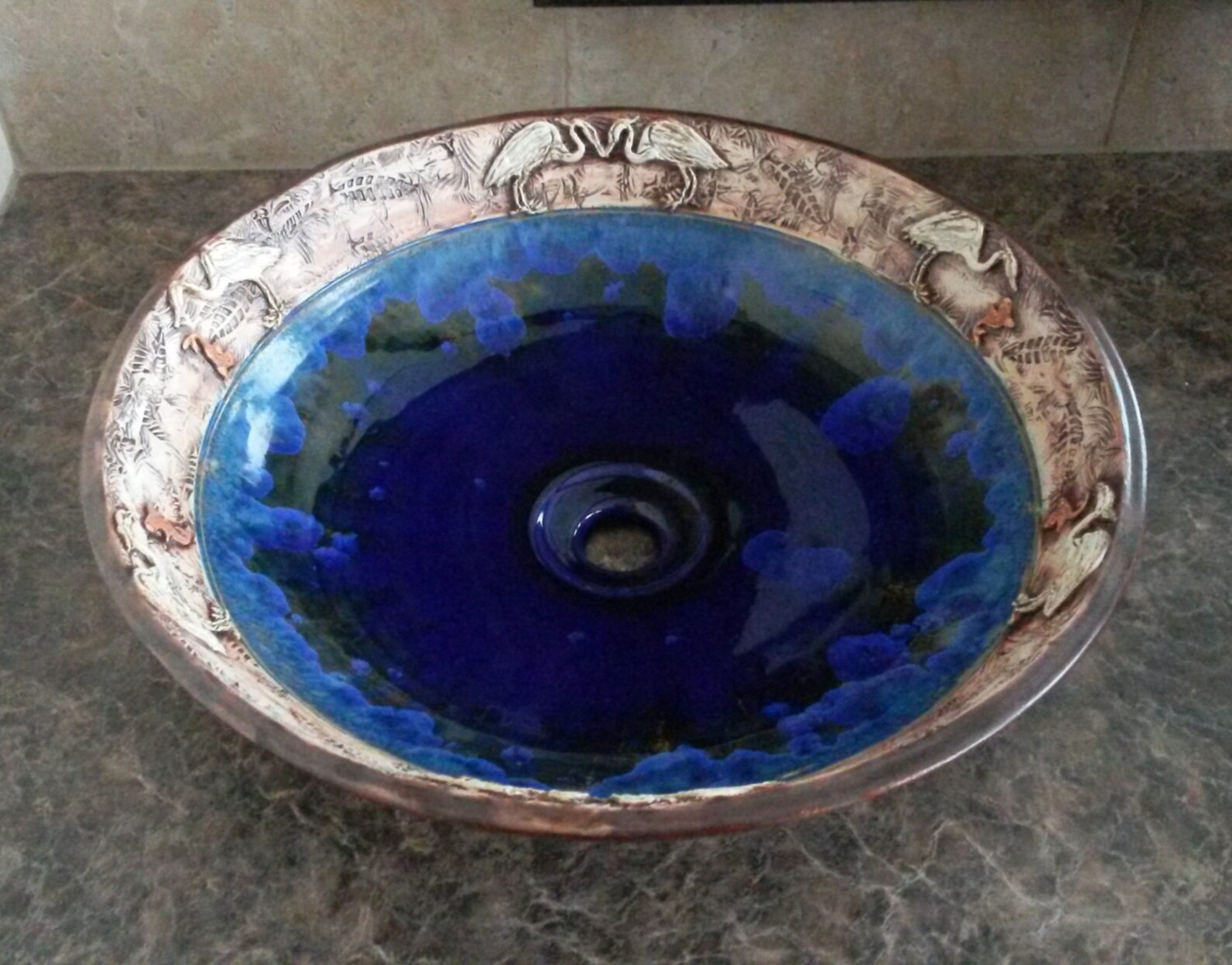 Heron Art Vessel Sink With Fish Border Custom Handmade Ceramic Etsy