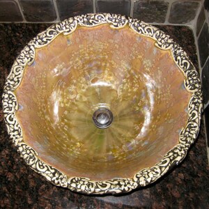 Vessel Sink Art Nouveau Floral Rim Handmade Custom Ceramic Art Basin Crystalline Glaze MADE TO ORDER image 1