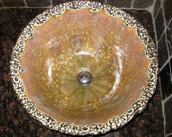 Vessel Sink Art Nouveau Floral Rim Handmade Custom Ceramic Art Basin Crystalline Glaze MADE TO ORDER