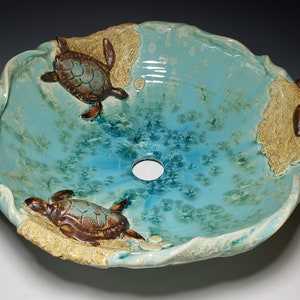 Vessel Sink with Sea Turtles on a Sandy Beach with Waves Handmade Ceramic Art Vessel Basin MADE TO ORDER image 9