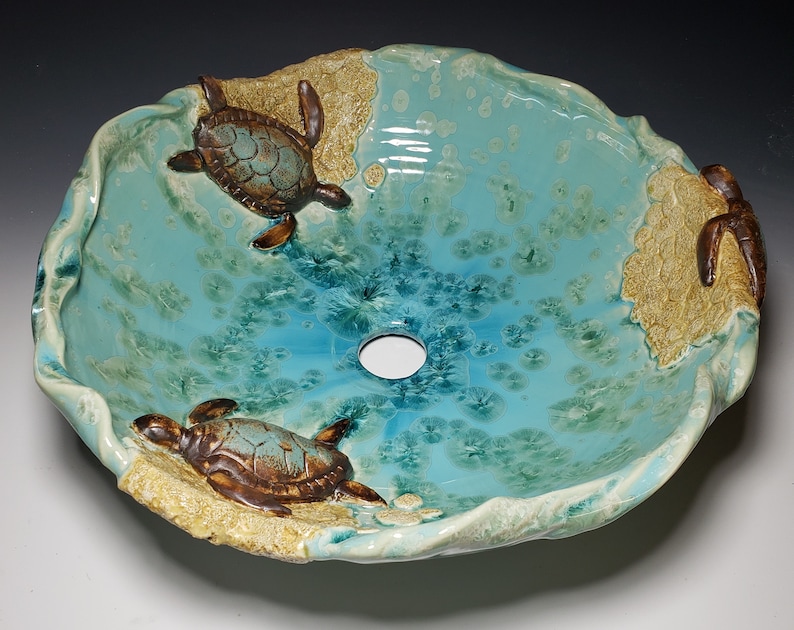 Vessel Sink with Sea Turtles on a Sandy Beach with Waves Handmade Ceramic Art Vessel Basin MADE TO ORDER image 9