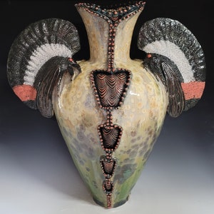 Membracis Shinx Handmade Crystalline Glazed Yellow Red Green Tan Brown Insect Treehopper Inspired Ceramicgoddess Art Pottery Vase 21 Tall image 2