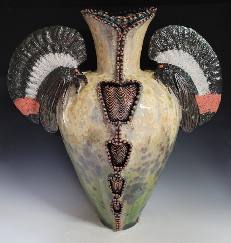 Membracis Shinx Handmade Crystalline Glazed Yellow Red Green Tan Brown Insect Treehopper Inspired Ceramicgoddess Art Pottery Vase 21 Tall image 2