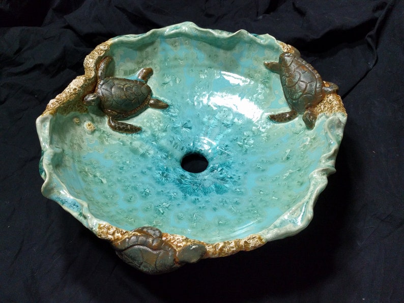 Vessel Sink with Sea Turtles on a Sandy Beach with Waves Handmade Ceramic Art Vessel Basin MADE TO ORDER image 4