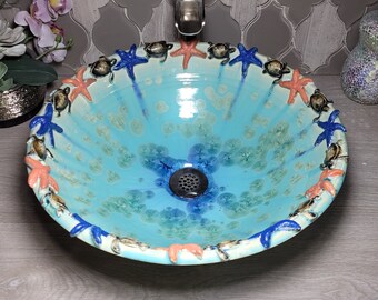 Ready to Ship Ocean Blue and Coral Starfish and Sea Turtle Handmade Bathroom Sink in Turquoise and Blue Crystalline Glaze 15" by 5 1/2" Deep