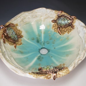 Vessel Sink with Sea Turtles on a Sandy Beach with Waves Handmade Ceramic Art Vessel Basin MADE TO ORDER image 2