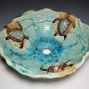 Vessel Sink with Sea Turtles on a Sandy Beach with Waves Handmade Ceramic Art Vessel Basin MADE TO ORDER image 3