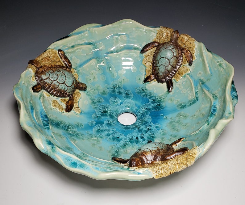 Vessel Sink with Sea Turtles on a Sandy Beach with Waves Handmade Ceramic Art Vessel Basin MADE TO ORDER image 3