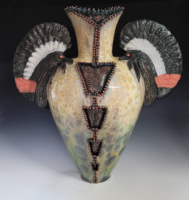 Membracis Shinx Handmade Crystalline Glazed Yellow Red Green Tan Brown Insect Treehopper Inspired Ceramicgoddess Art Pottery Vase 21 Tall image 4