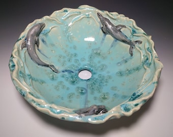 Dolphin Vessel Sink Handmade Art Basin Ocean Waves Crystalline Glaze MADE TO ORDER