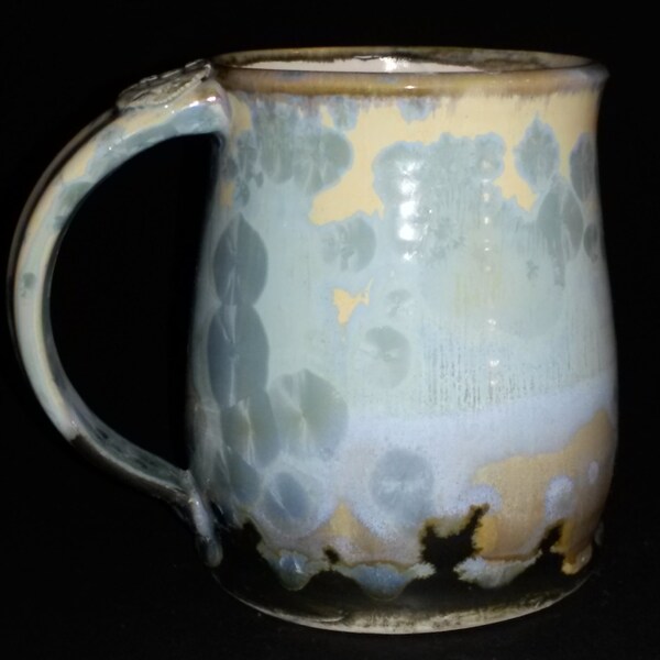 Large Light Blue and Yellow Crystalline and Black Glazed Coffee Mug