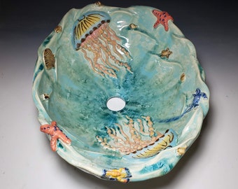 Ocean Vessel Sink Sea Turtle Jellyfish Seahorse Creatures in Waves Custom Ceramic Art Basin MADE TO ORDER