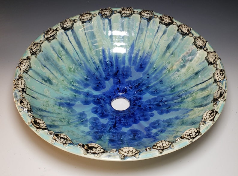 Turtle Art Vessel Sink Border Crystalline Glaze Custom Ceramic Art Basin MADE TO ORDER image 1