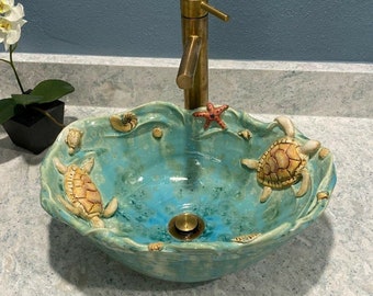 Sea Turtle Vessel Sink Ocean Creatures with Waves Round or Oval Handmade Custom Ceramic Art Basin MADE TO ORDER