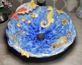 READY to SHIP Vessel Sink Handmade Ocean Waves with Turtle, Dolphin, Fish, Mermaid and Seahorse In Blue Crystalline Glazed Basin 15" Wide