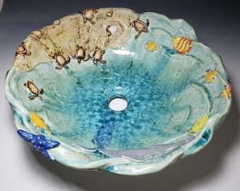 Baby Sea Turtles Vessel Sink Hatching on a Beach with Ocean Ceatures Handmade Custom Art Basin MADE TO ORDER