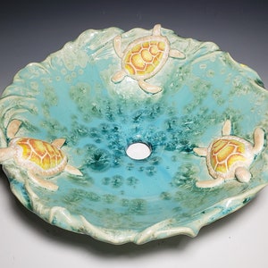 Vessel Sink with Sea Turtles on a Sandy Beach with Waves Handmade Ceramic Art Vessel Basin MADE TO ORDER image 6