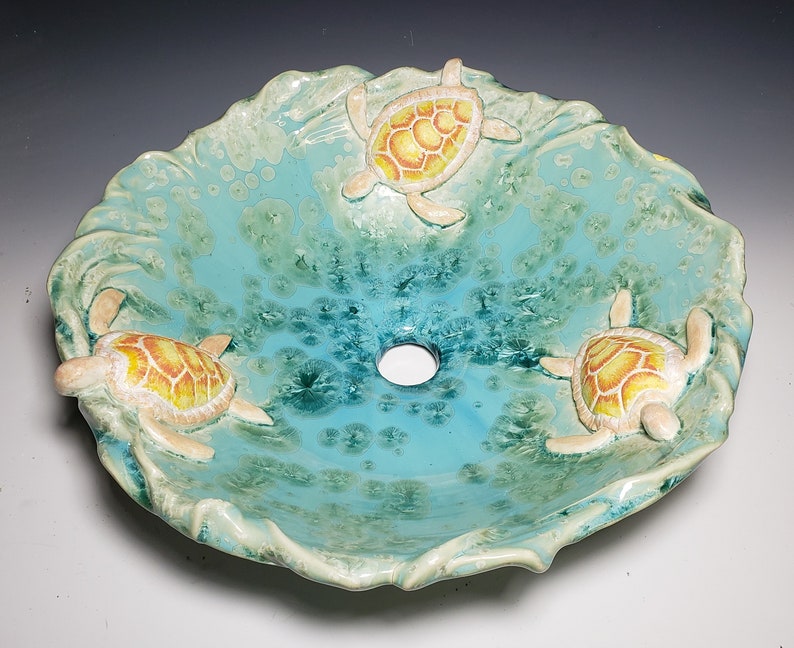 Vessel Sink with Sea Turtles on a Sandy Beach with Waves Handmade Ceramic Art Vessel Basin MADE TO ORDER image 6