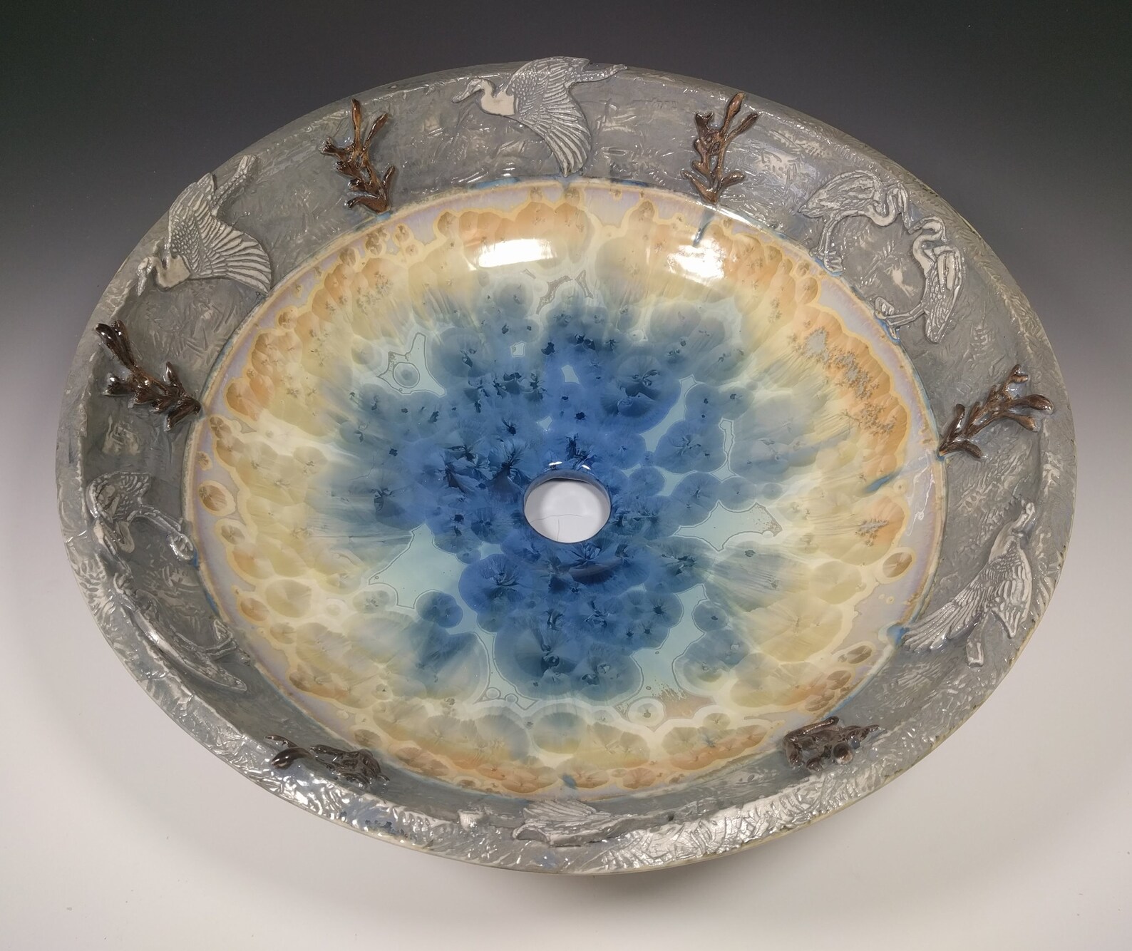 Heron Art Vessel Sink With Fish Border Custom Handmade Ceramic Etsy