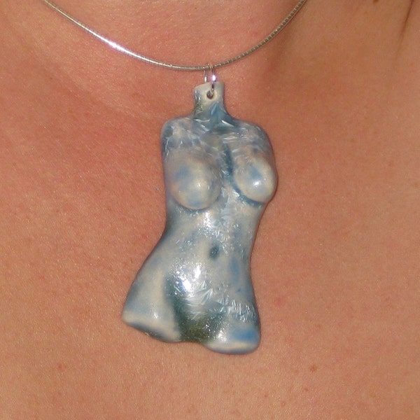 Ice Blue Porcelain Crystalline Glazed Goddess Torso Pendant