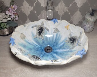 READY TO SHIP Vessel Sink with Sea Turtles and Ocean Creatures on Waves Handmade 18" Long by 13 1/2" Wide 6" Deep