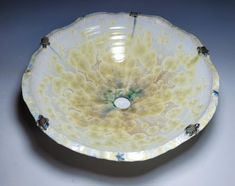 Ready to Ship Organic Rim with Small Sea Turtles Handmade Ceramic Vessel Sink in Creams, Browns, Green Crystalline Glaze 15"  Diameter
