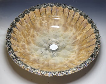 READY TO SHIP Vessel Sink with Moroccan Floral Design Border Brown Tan Grey Crystalline Glazed 15" Diameter Handmade Porceline