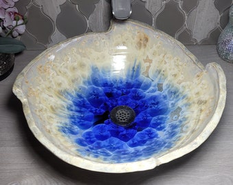 READY TO SHIP Fan Shaped Warm Creams Tans Yellows Deep Blues Crystalline Glazed Handmade Porcelain Vessel Sink 15" Wide 6" Deep