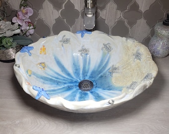 READY TO SHIP Vessel Sink with Baby Sea Turtles on Sand and Ocean Creatures on Waves Handmade 18" Long by 13 1/2" Wide 6" Deep