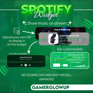 May include: A green graphic promoting a Spotify widget. The image shows how to display music on stream, upload GIFs, and customize the widget. Text includes "SPOTIFY Widget", "Show music on stream", and "GAMERGLOWUP".