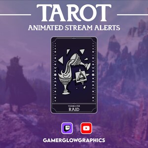 Può includere: Grafica per avvisi di streaming animati a tema tarocchi. Il design presenta una carta dei tarocchi nera con un'illustrazione bianca di un calice e forme geometriche. Il testo "TAROT" e "ANIMATED STREAM ALERTS" sono in alto.