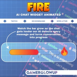 Peut inclure: Graphique numérique promouvant un widget de chat IA. Le mot "FIRE" est en grandes lettres jaunes et oranges. Une barre de progression montre l'activité du chat, avec une icône de flamme. Le texte comprend "AI Chat Widget Animated" et "GAMERGLOWUP".
