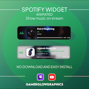 May include: A green graphic with the text "SPOTIFY WIDGET ANIMATED Show music on stream." Two animated Spotify widgets are displayed, showing song titles and progress bars. The bottom of the graphic reads "NO DOWNLOAD AND EASY INSTALL" with social media icons and the GamerGlowGraphics logo.