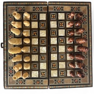 Handmade Mother of Pearl Chess Backgammon Board: Small Syrian Style