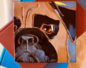 Pug Dog Tile by Marblehead Tileworks 6" Square Red Clay Handmade