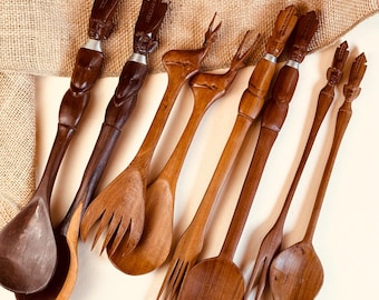Vintage Hand Carved Kenyan Wood Serving Utensils ONE Pair