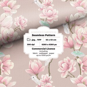 Non-exclusive Commercial License for a Seamless Pattern with Magnolia Flowers and Moths | Hand Drawn Illustrated Pattern | Subtle Florals